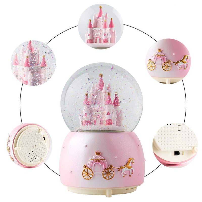 Musfunny Music Boxes Crystal Carousel Rotating Unicorn Snow Box with Colorful Changed LED Light Great Gift for Kids Girls (Castle Pink) - Image 3